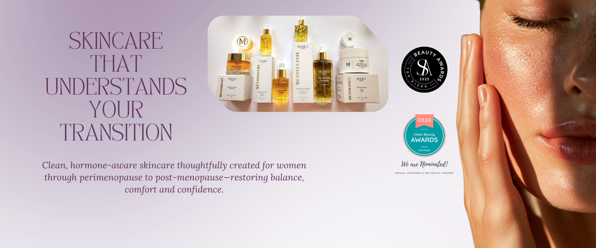 Skincare products with a focus on women's hormonal balance, featuring a woman's face on the right.